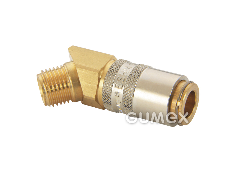 Plastikářská rychlospojka ESHM, DN6, s úhlovým 45° vnějším závitem G 1/4", bez ventilu, 15bar, těsnění viton potažený PTFE, -20°C/+200°C, mosaz
